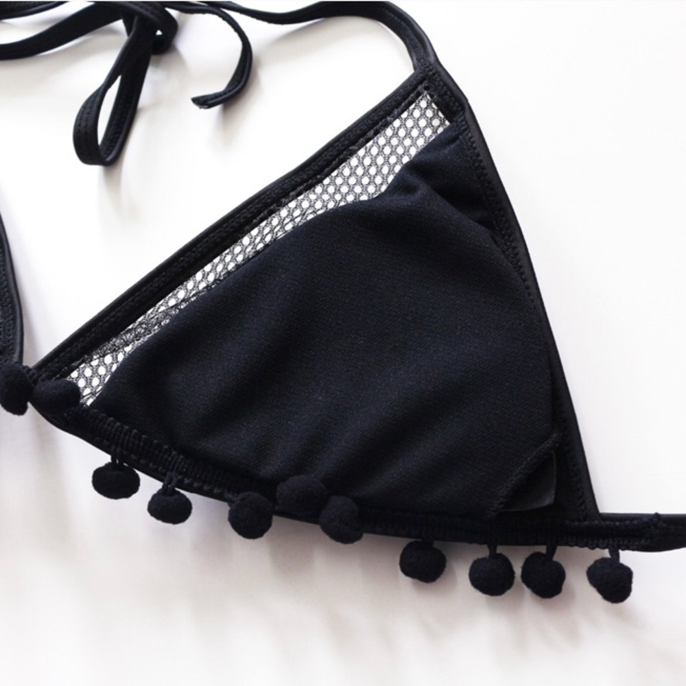 Black Pompom Mesh High Waist Halter Bikini - Picture 4 of 6